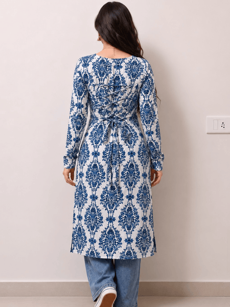 Women's Blue Printed Rayon Long Kurti | Square Neck Casual Ethnic Wear
