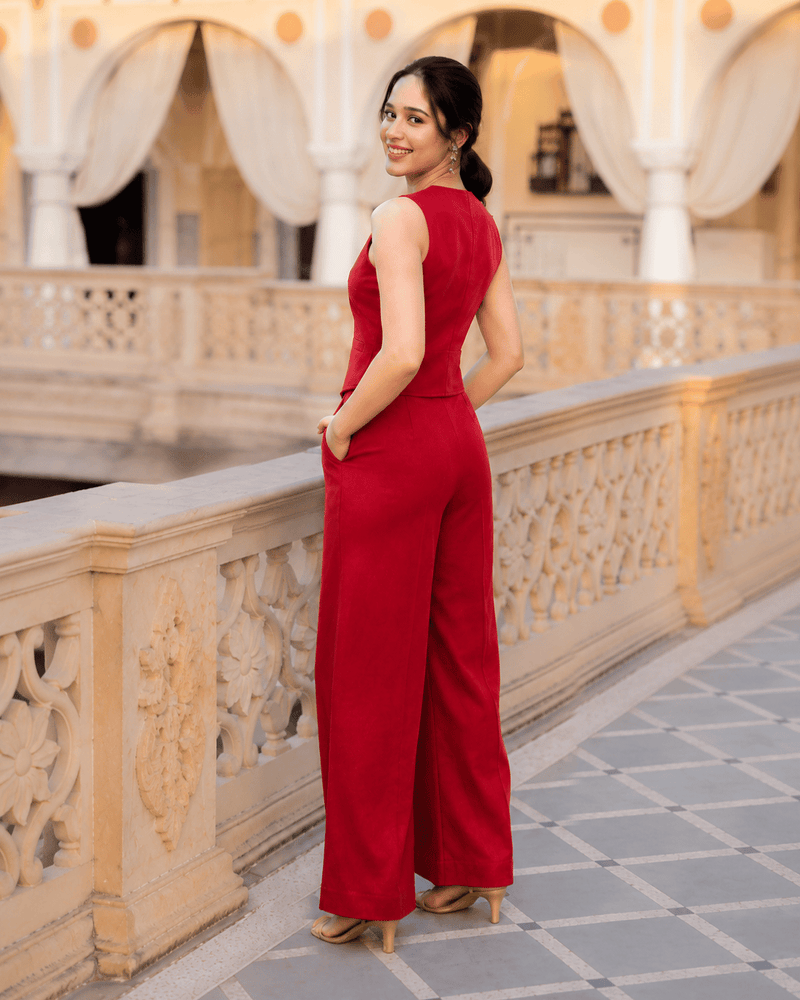 Women's Red Cotton Flex Sleeveless Co-Ord Set | Casual & Stylish Outfit