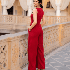 Women's Red Cotton Flex Sleeveless Co-Ord Set | Casual & Stylish Outfit
