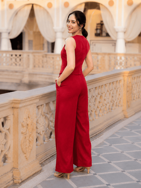 Women's Red Cotton Flex Sleeveless Co-Ord Set | Casual & Stylish Outfit