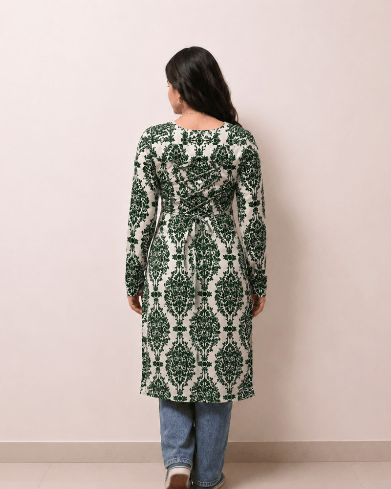 Women's Green Printed Rayon Long Kurti | Square Neck Casual Ethnic Wear