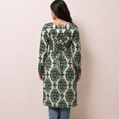 Women's Green Printed Rayon Long Kurti | Square Neck Casual Ethnic Wear
