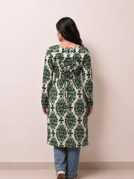 Women's Green Printed Rayon Long Kurti | Square Neck Casual Ethnic Wear