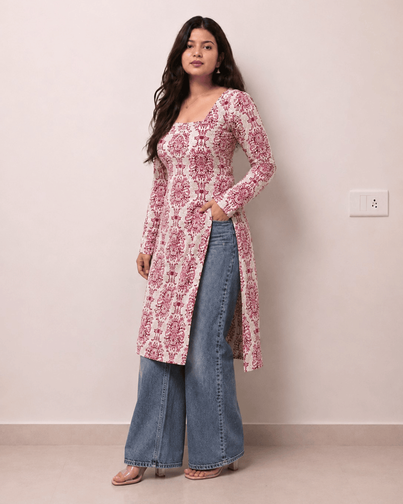 Women's Printed Rayon Long Kurti | Square Neck Casual Ethnic Wear