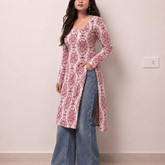 Women's Printed Rayon Long Kurti | Square Neck Casual Ethnic Wear