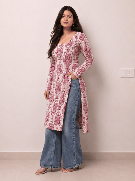 Women's Pink Printed Rayon Long Kurti | Square Neck Casual Ethnic Wear