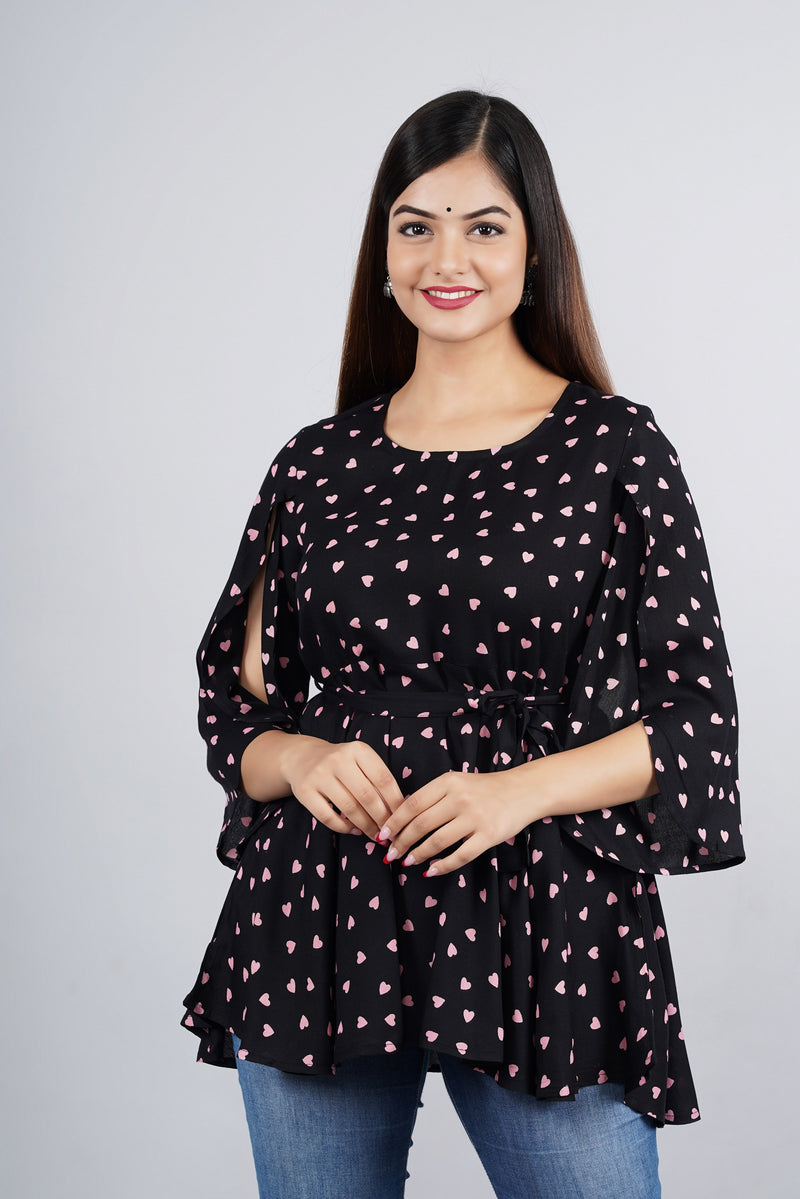Women's Black Printed Crepe Top