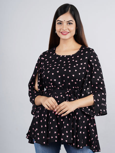 Women's Black Printed Crepe Top