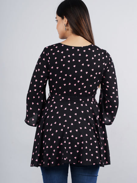 Women's Black Printed Crepe Top