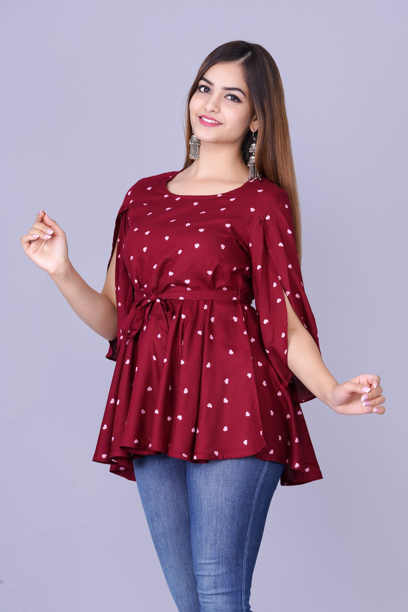 Women's Maroon Printed Crepe Top