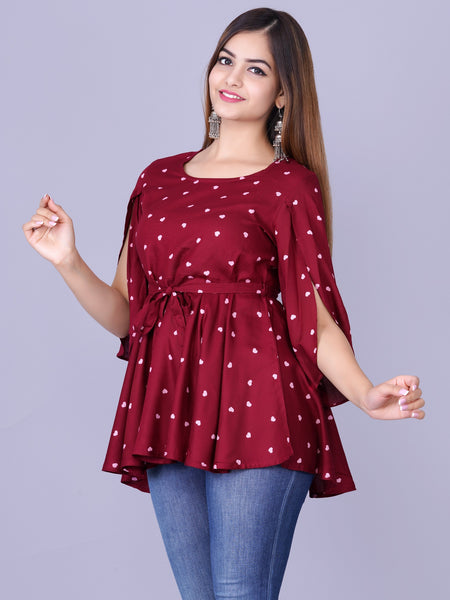 Women's Maroon Printed Crepe Top
