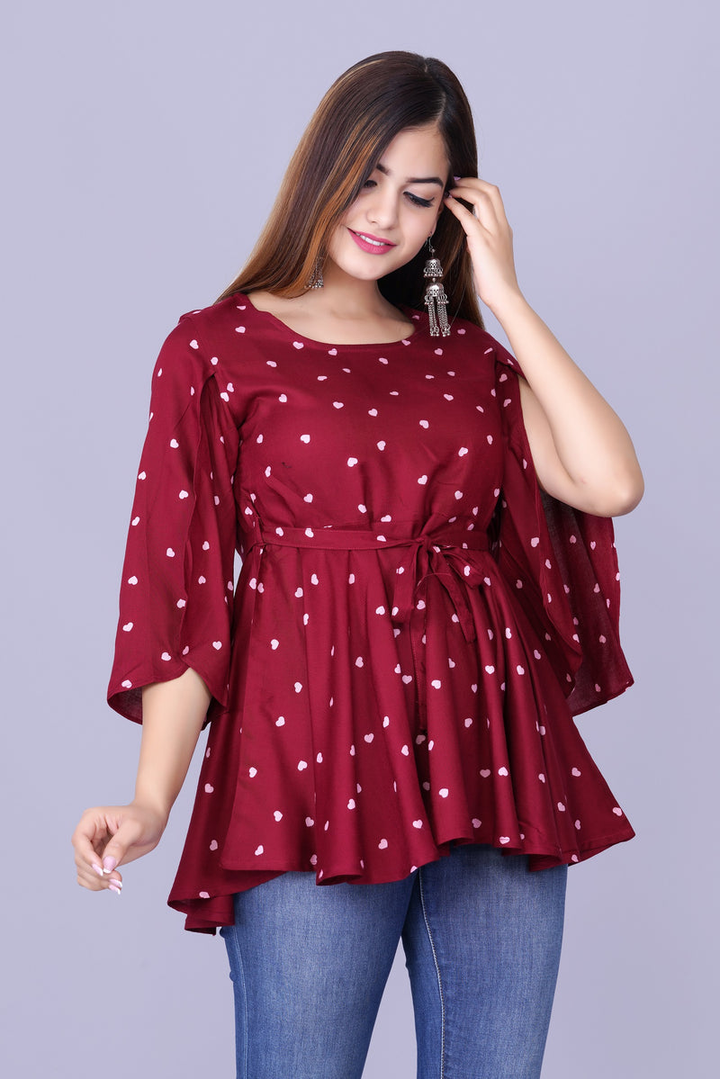 Women's Maroon Printed Crepe Top