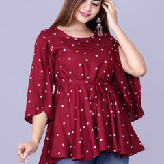 Women's Maroon Printed Crepe Top