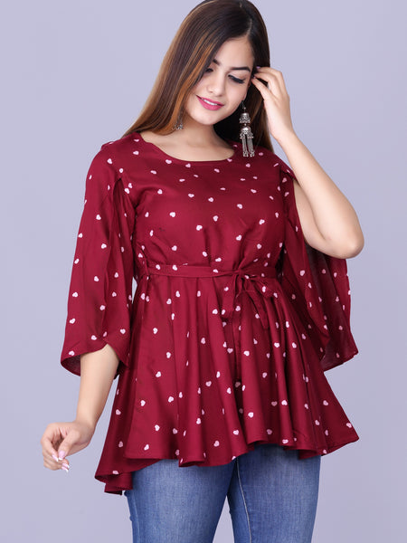Women's Maroon Printed Crepe Top
