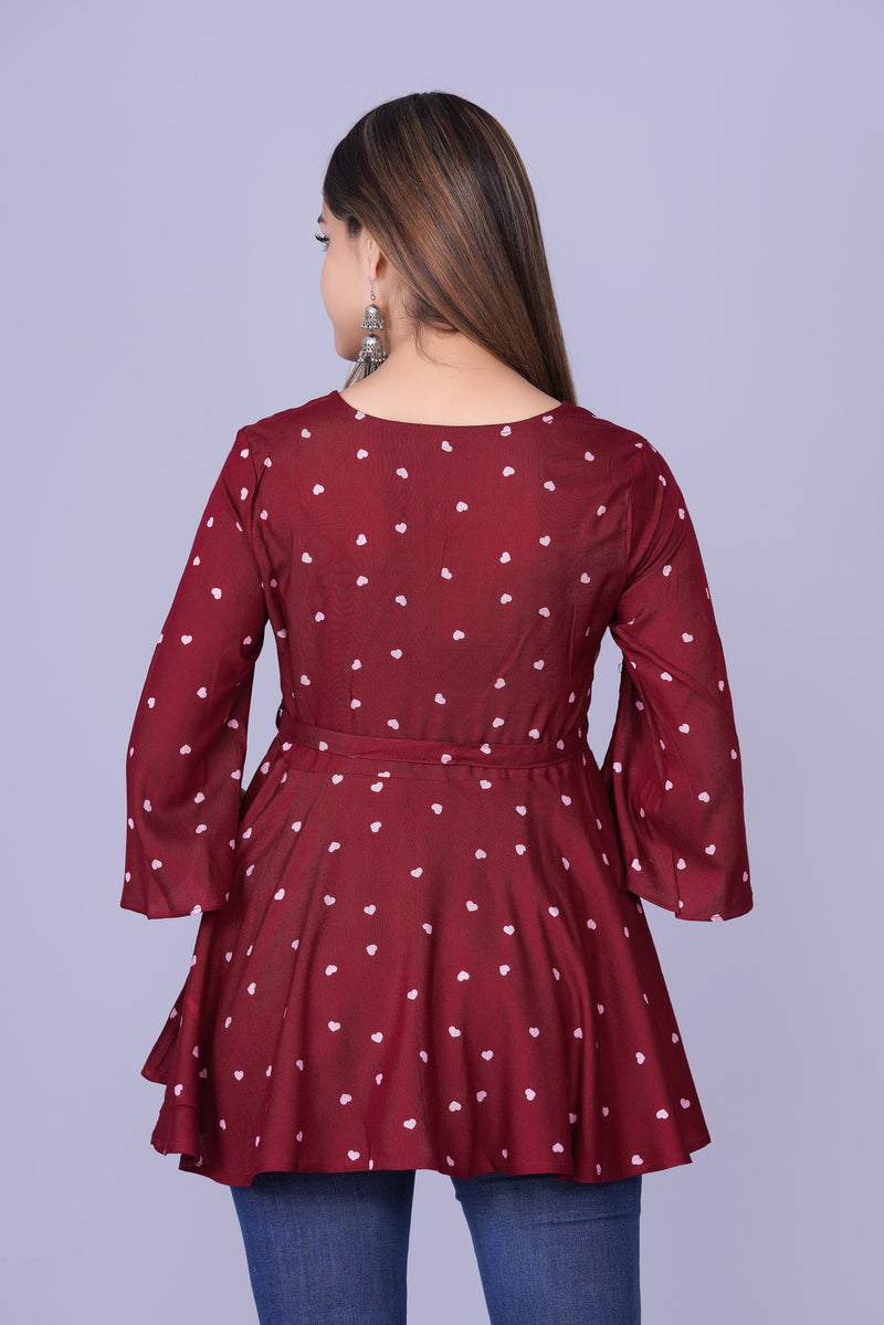 Women's Maroon Printed Crepe Top
