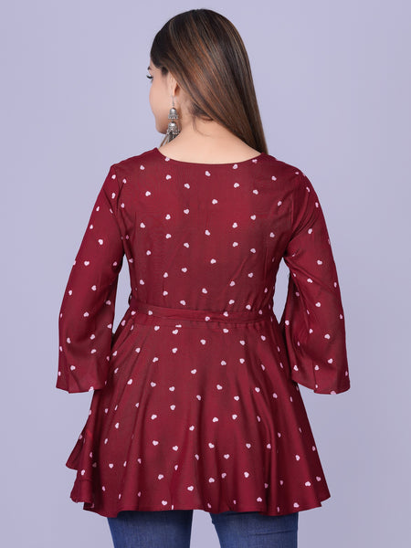 Women's Maroon Printed Crepe Top