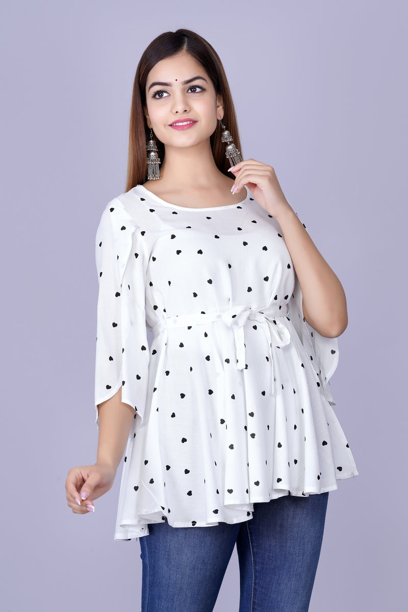 Women's White Printed Crepe Top