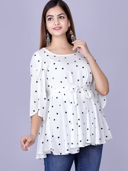 Women's White Printed Crepe Top