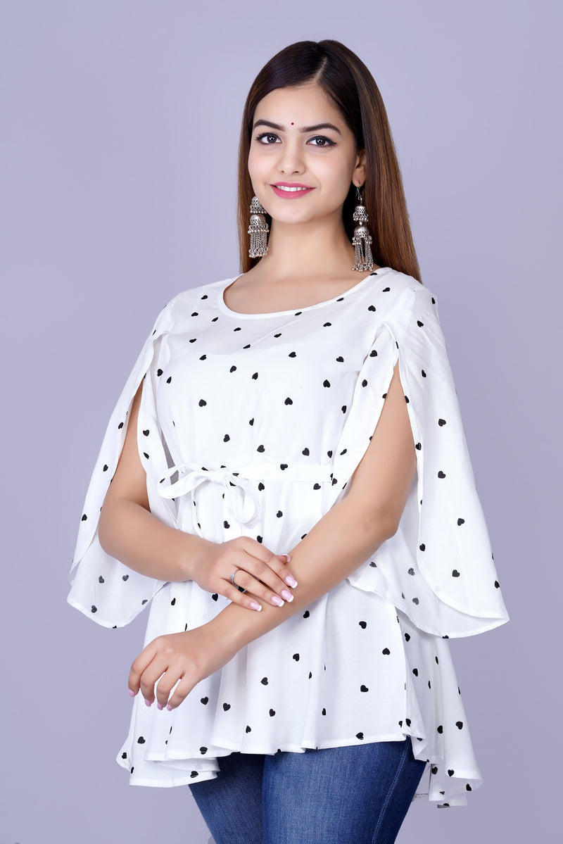 Women's White Printed Crepe Top