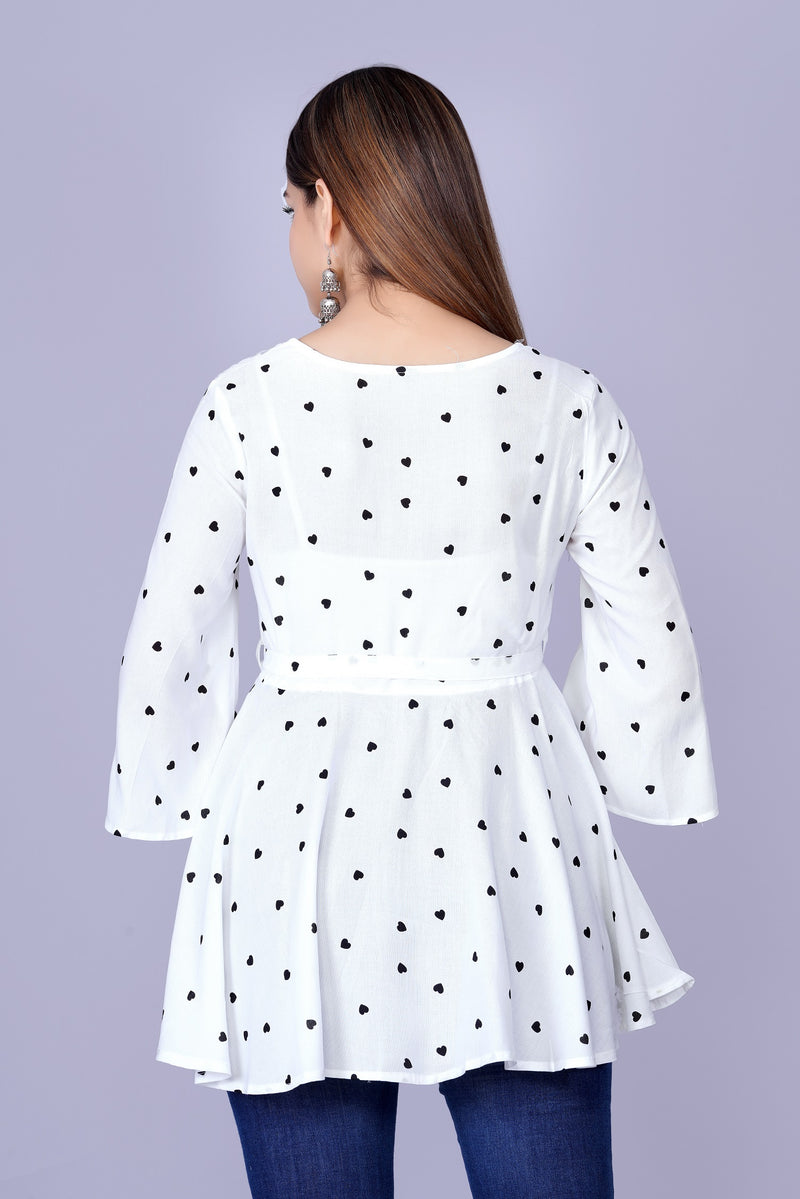Women's White Printed Crepe Top