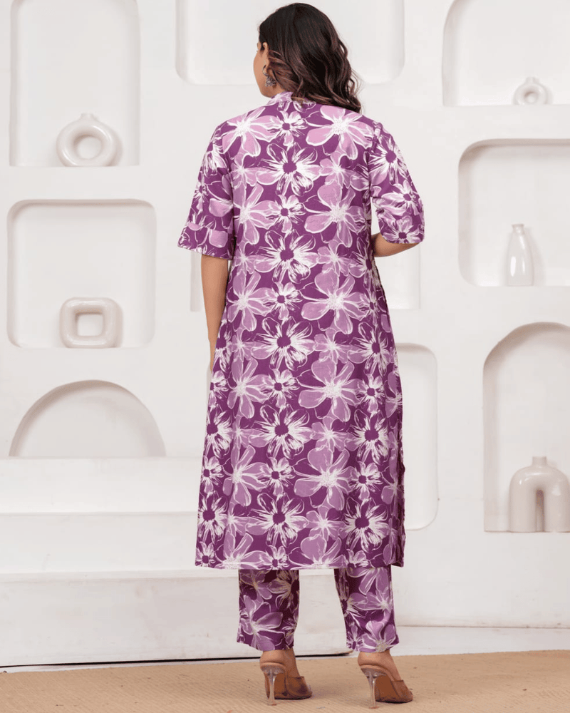 Women's Purple Floral Printed Rayon Kurta Set | Elegant Casual & Ethnic Wear