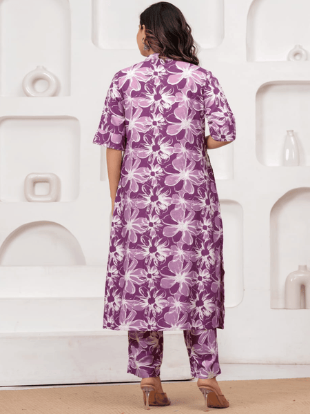 Women's Purple Floral Printed Rayon Kurta Set | Elegant Casual & Ethnic Wear