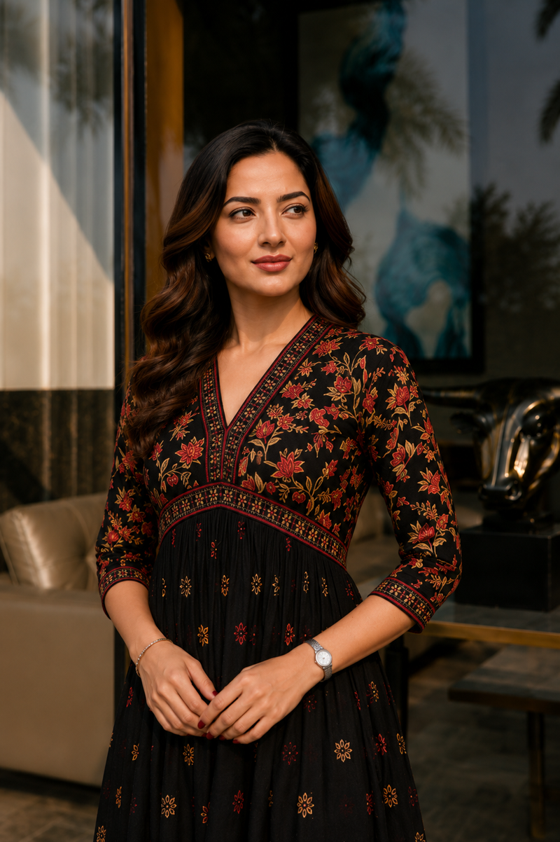 Classic Black Printed Rayon Kurta for Women