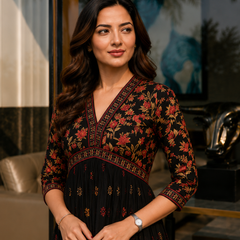 Classic Black Printed Rayon Kurta for Women