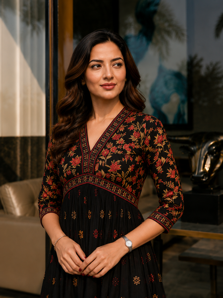 Classic Black Printed Rayon Kurta for Women