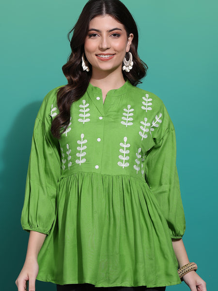 Women's Green Embroidered Rayon Top