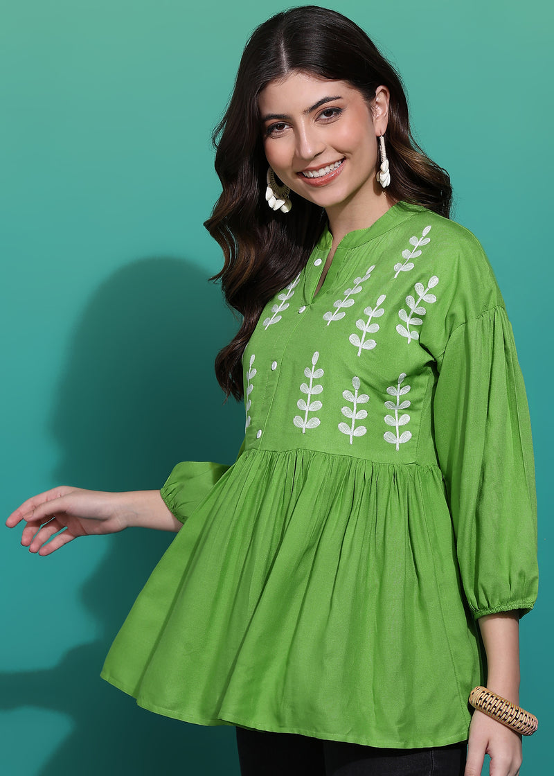 Women's Green Embroidered Rayon Top