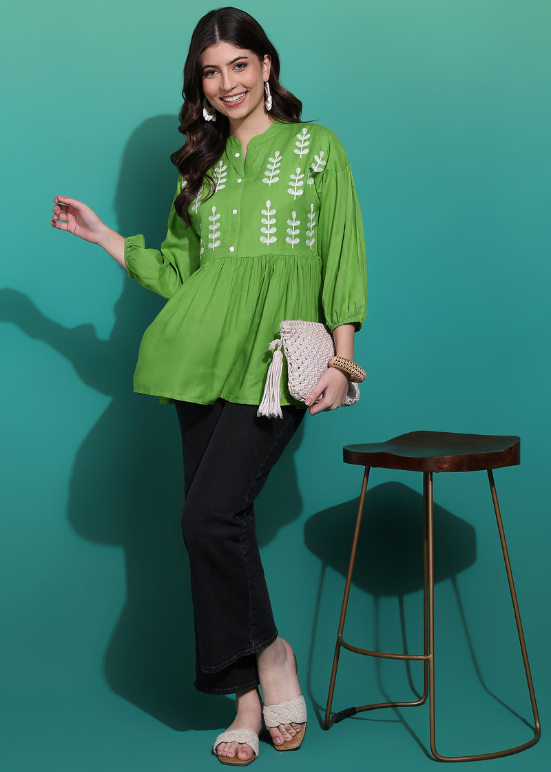 Women's Green Embroidered Rayon Top