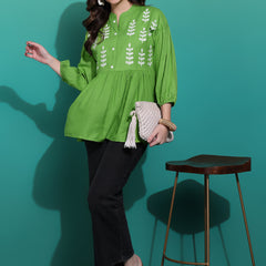 Women's Green Embroidered Rayon Top
