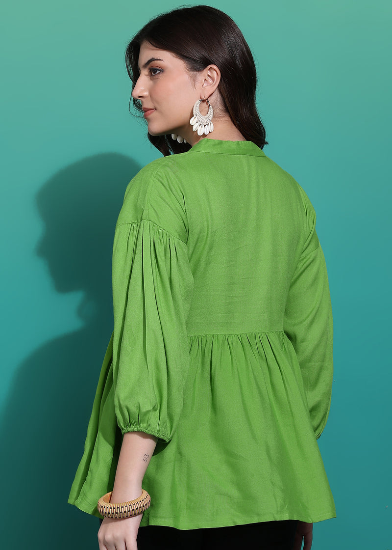Women's Green Embroidered Rayon Top