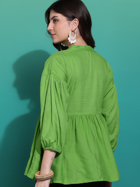 Women's Green Embroidered Rayon Top