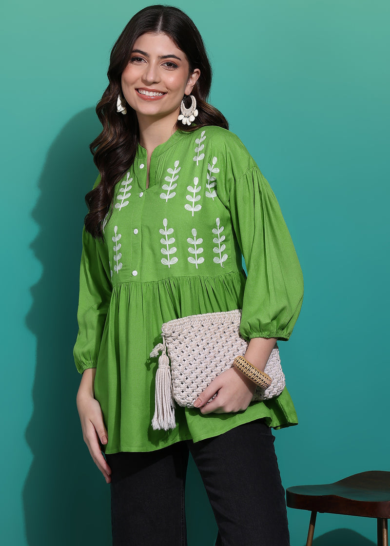 Women's Green Embroidered Rayon Top