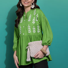 Women's Green Embroidered Rayon Top