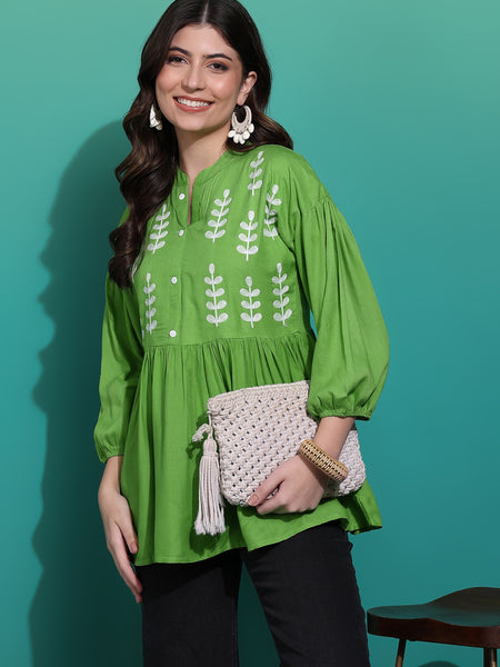 Women's Green Embroidered Rayon Top