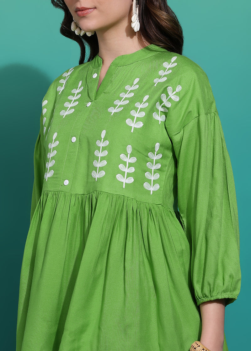 Women's Green Embroidered Rayon Top