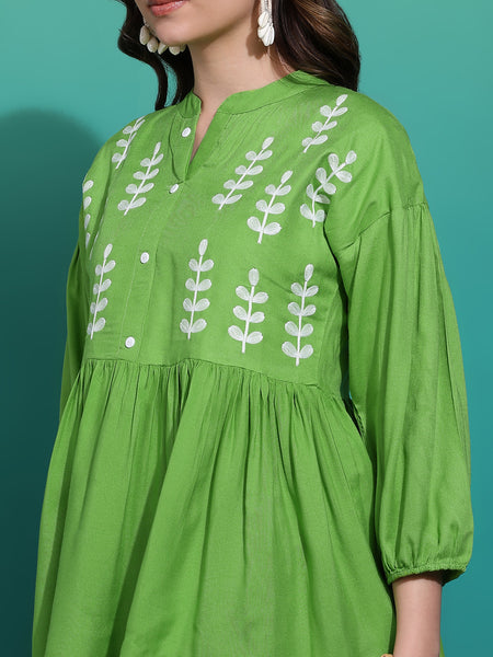 Women's Green Embroidered Rayon Top