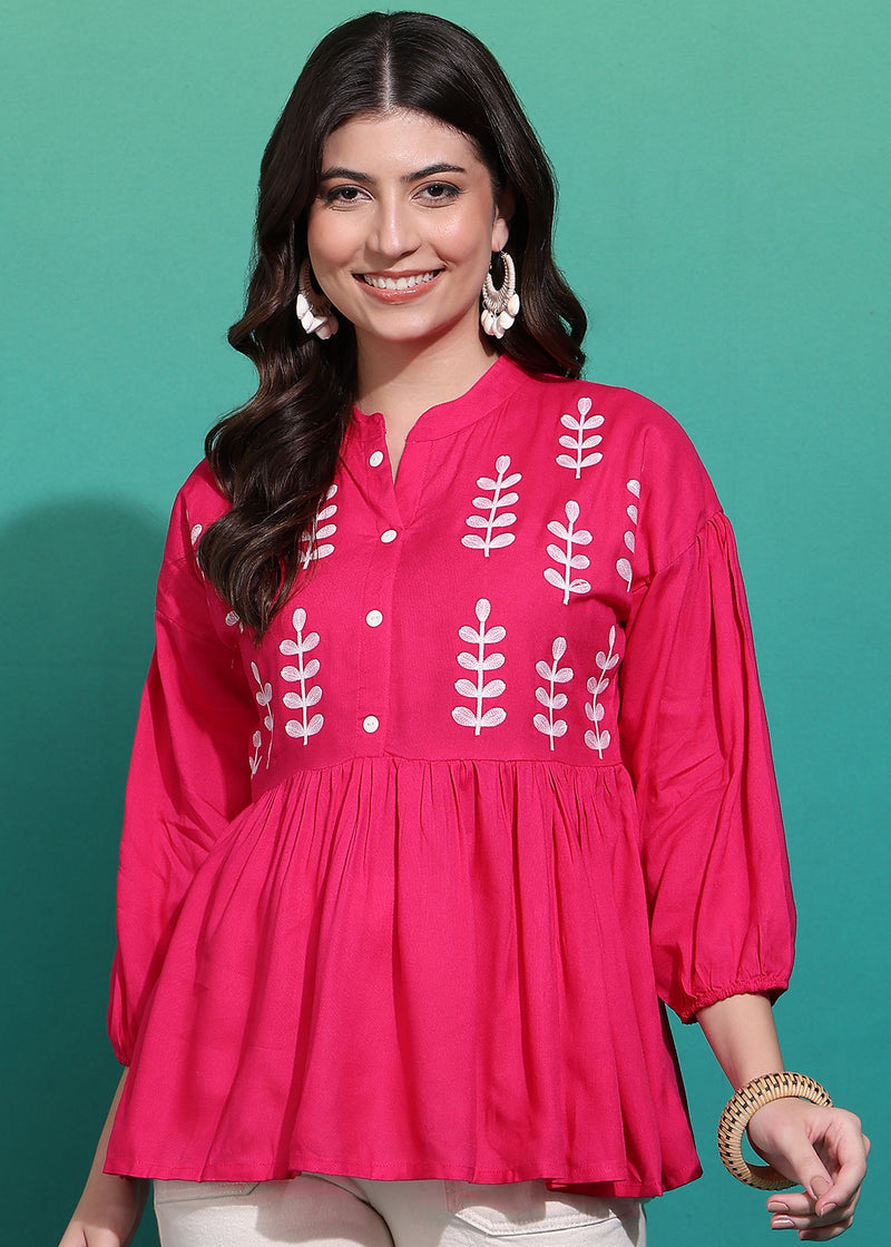 Women's Pink Embroidered Rayon Top