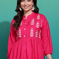 Women's Pink Embroidered Rayon Top