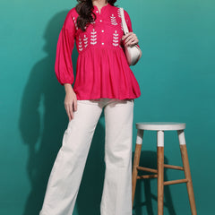Women's Pink Embroidered Rayon Top