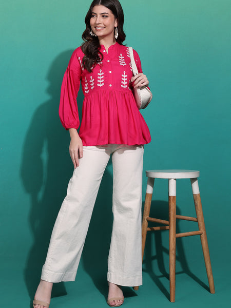 Women's Pink Embroidered Rayon Top