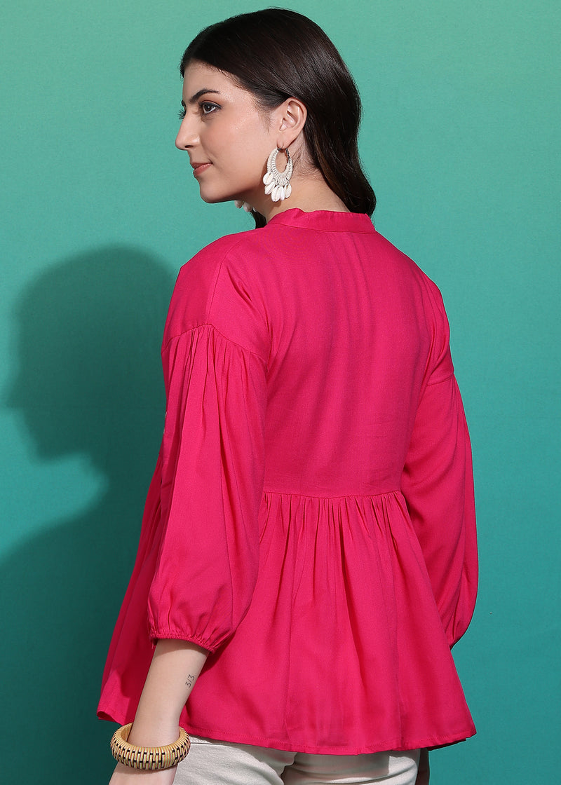 Women's Pink Embroidered Rayon Top