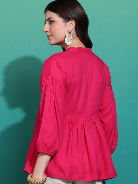 Women's Pink Embroidered Rayon Top
