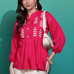 Women's Pink Embroidered Rayon Top
