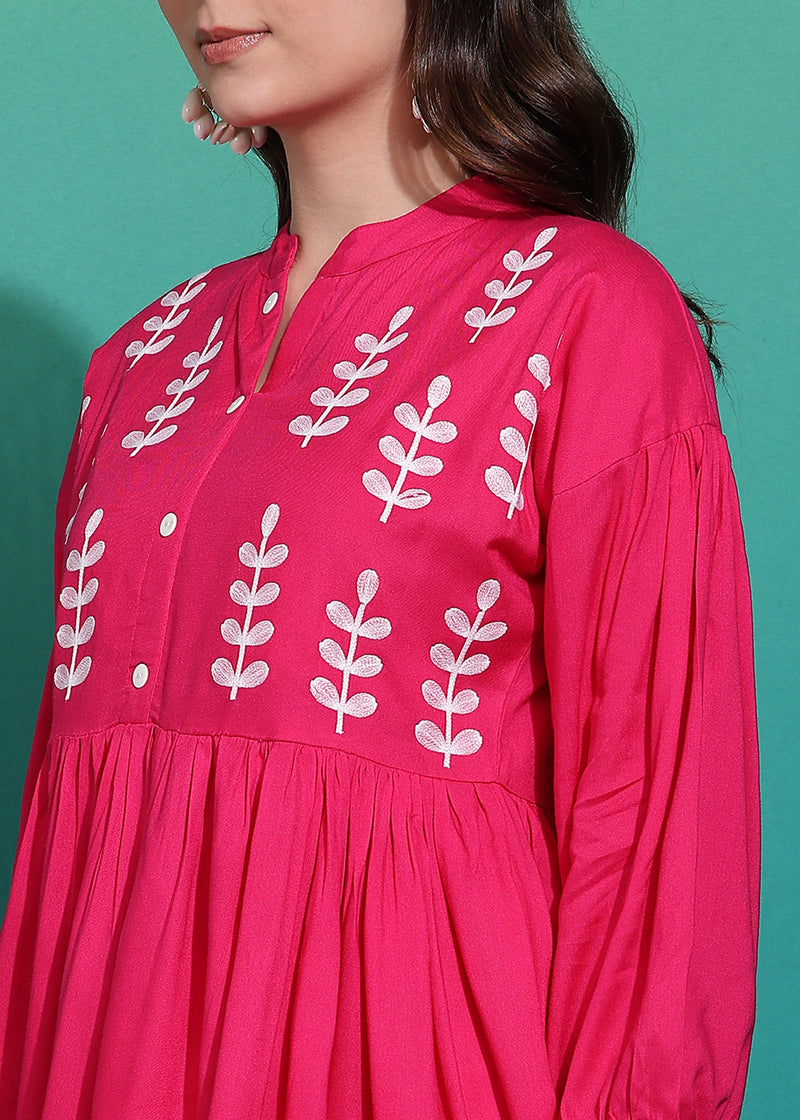Women's Pink Embroidered Rayon Top