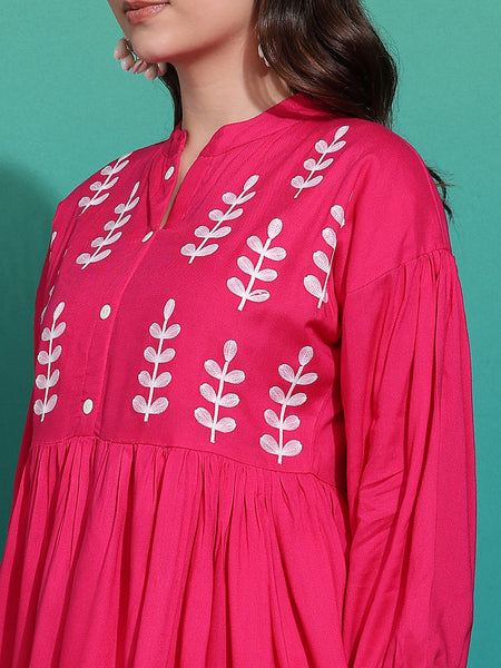 Women's Pink Embroidered Rayon Top