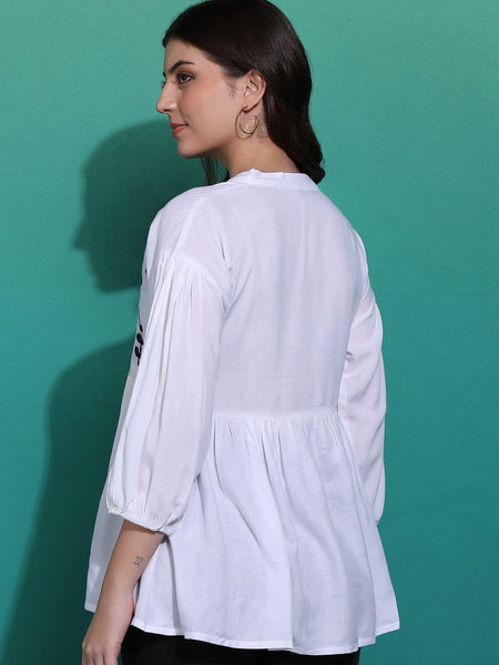 Women's White Embroidered Rayon Top